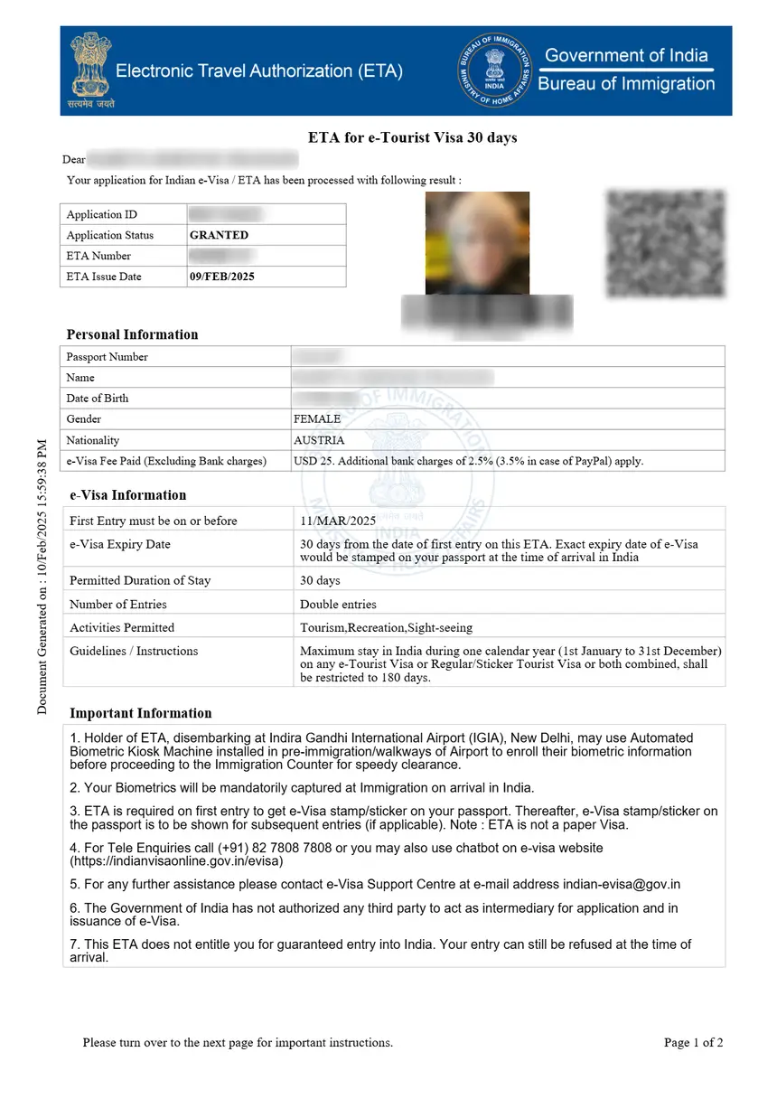 Sample India e-Tourist Visa ETA with Granted status